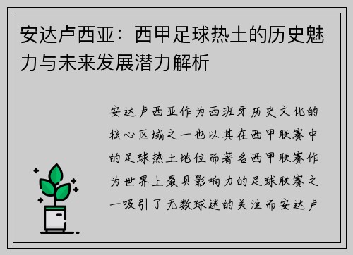 安达卢西亚：西甲足球热土的历史魅力与未来发展潜力解析
