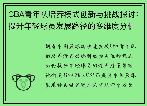 CBA青年队培养模式创新与挑战探讨：提升年轻球员发展路径的多维度分析