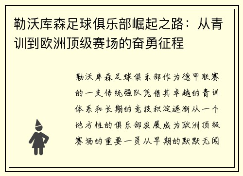 勒沃库森足球俱乐部崛起之路：从青训到欧洲顶级赛场的奋勇征程