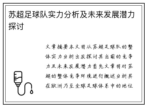 苏超足球队实力分析及未来发展潜力探讨
