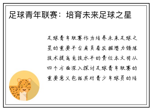 足球青年联赛：培育未来足球之星