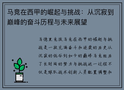 马竞在西甲的崛起与挑战：从沉寂到巅峰的奋斗历程与未来展望