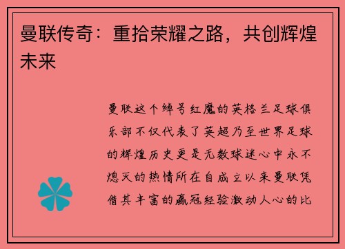 曼联传奇：重拾荣耀之路，共创辉煌未来