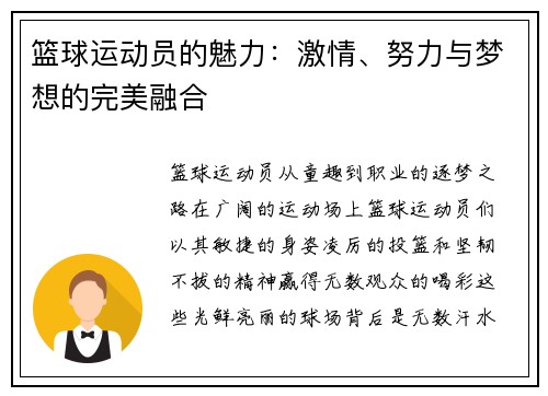篮球运动员的魅力：激情、努力与梦想的完美融合