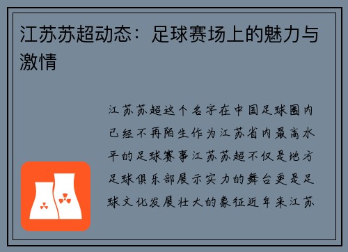 江苏苏超动态：足球赛场上的魅力与激情